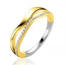 ZINZI gold plated zilveren multilook ring (6mm breed) organisch gevormd met twee golvende banen, waarvan één bezet met witte zirconia's ZIR2629Y