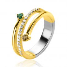 ZINZI gold plated zilveren multi-look ring (9mm breed) met 3 rijen, bezet met groene kleurstenen en witte zirconia's ZIR2646G
