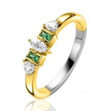 ZINZI gold plated zilveren ring met zettingen in peer, rechthoek en driehoeksvorm bezet met witte en groene kleurstenen ZIR2630G
