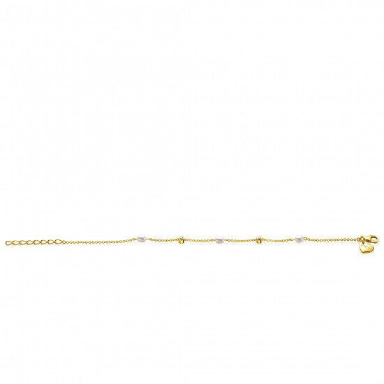 ZINZI gold plated zilveren jasseron schakel armband 4mm breed met zoetwaterparels en witte zirkonia's 17-19cm ZIA2657