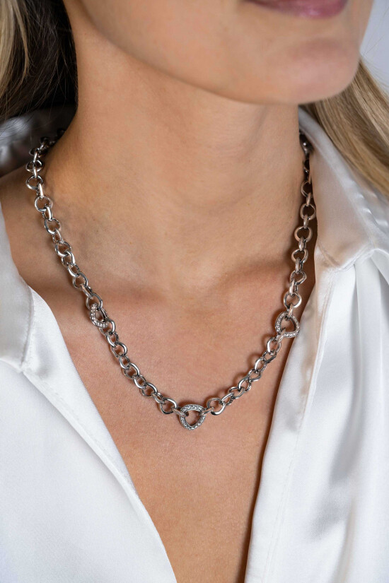 ZINZI luxe zilveren collier met driehoek schakels, bezet met witte zirconia's 45 cm ZIC2388
