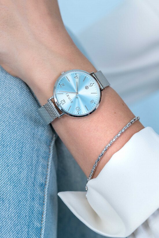 ZINZI horloge SOPHIE ice blue wijzerplaat met datum, stalen kast 38mm, stalen mesh band 14mm ZIW1445
