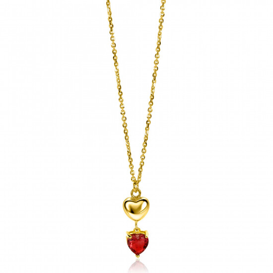 ZINZI gold plated zilveren schakel ketting met liefdevolle harten, glanzend en bezet met rode kleursteen 42-45cm ZIC-BF94