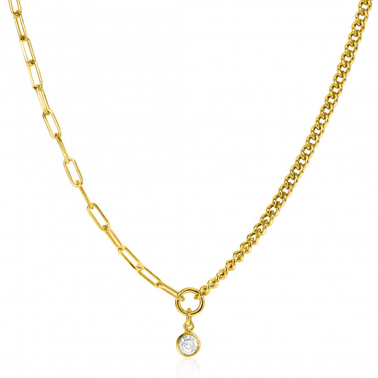 ZINZI gold plated zilveren ketting met twee trendy schakels gecombineerd: gourmet en paperclip schakels. Met in het midden een bungelende witte zirconia 40-45cm ZIC2480