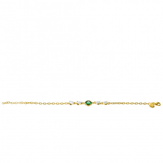 ZINZI gold plated zilveren armband bezet met een ronde groene kleursteen en vier peervormige witte zirconia's 17-20cm ZIA-BF69G