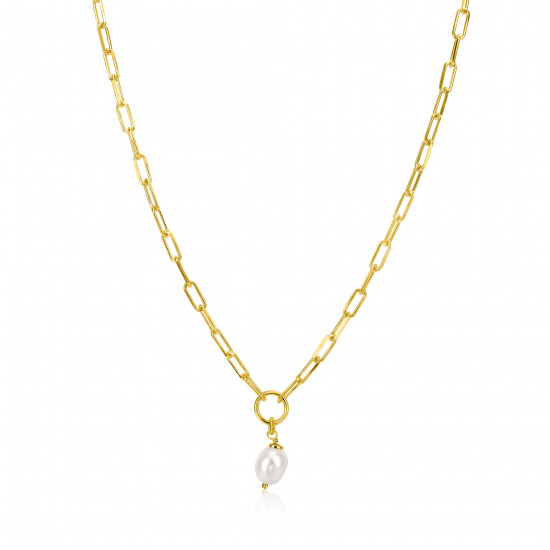 ZINZI gold plated zilveren paperclip schakel ketting met open rondje en witte zoetwaterparel 42-45cm ZIC-BF100