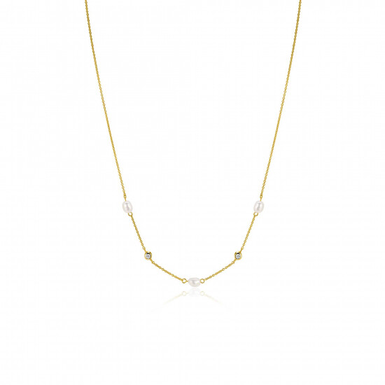 ZINZI gold plated zilveren jasseron ketting met ovale witte zoetwaterparels en witte zirkonia's 42-45 cm ZIC2657