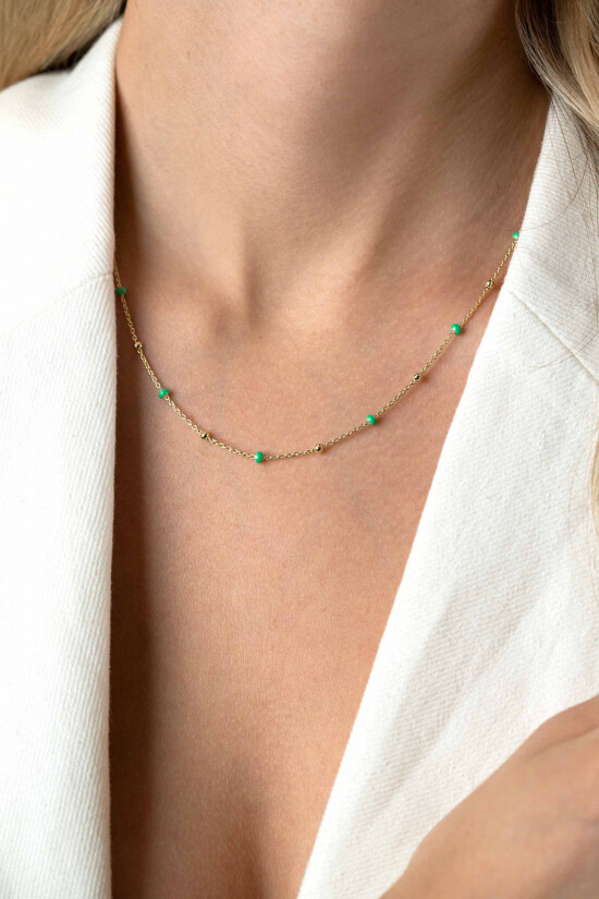 ZINZI gold plated zilveren fantasie ketting met 13 groene donuts en glanzende bolletjes 42-45cm ZIC2509