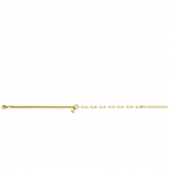 ZINZI gold plated zilveren armband met twee trendy schakels gecombineerd: gourmet en paperclip schakels. Met in het midden een bungelende witte zirconia 17-20cm ZIA2480