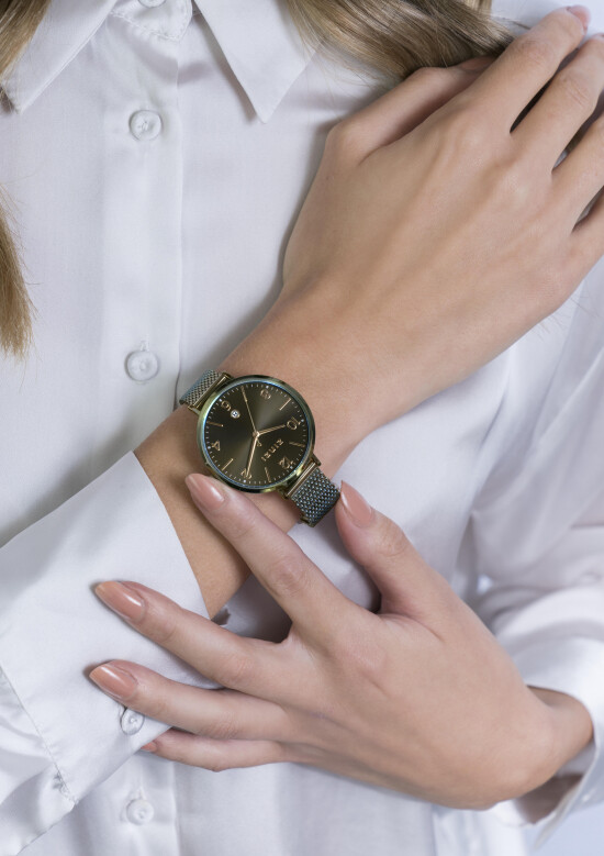 ZINZI horloge SOPHIE olijfgroene wijzerplaat met datum, olijfgroene kast 38mm, stalen mesh band 14mm ZIW1444
