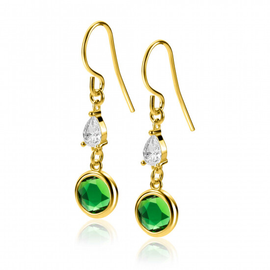 37mm ZINZI gold plated zilveren oorhangers bezet met een peervormige witte zirconia en een ronde groene kleursteen ZIO-BF69G