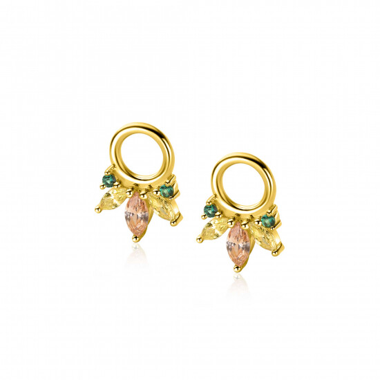 10mm ZINZI gold plated zilveren oorbedels met vijf speelse zettingen in aflopende grootte, bezet met champagne, peridot en donkergroene kleurstenen ZICH2633GC (zonder oorringen)