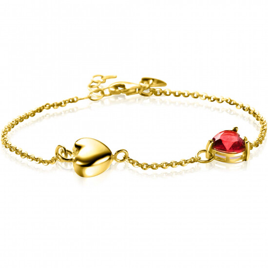 ZINZI gold plated zilveren schakel armband met liefdevolle harten, glanzend en bezet met rode kleursteen 17-19,5cm ZIA-BF94