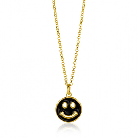 ZINZI gold plated zilveren hanger smiley rond 15mm met zwart emaille ZIH2312Z (zonder collier)