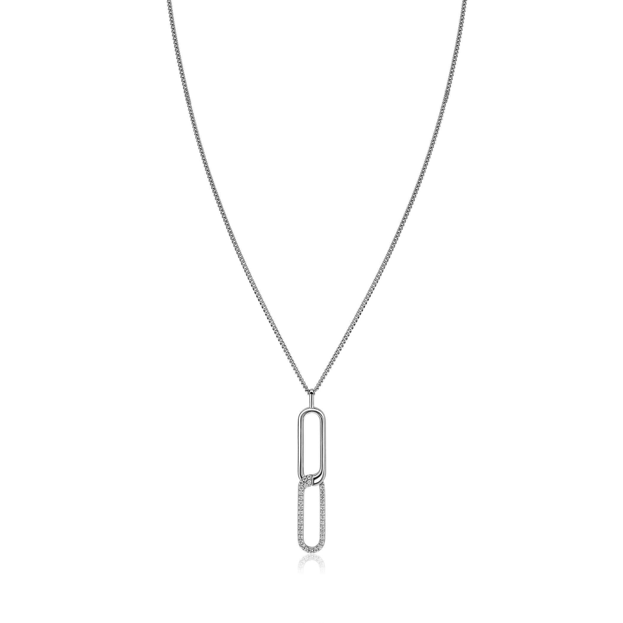 45cm Mart Visser by ZINZI zilveren gourmet ketting inclusief rechthoekige schakel hanger 40mm, bezet met witte zirkonia's MVC28