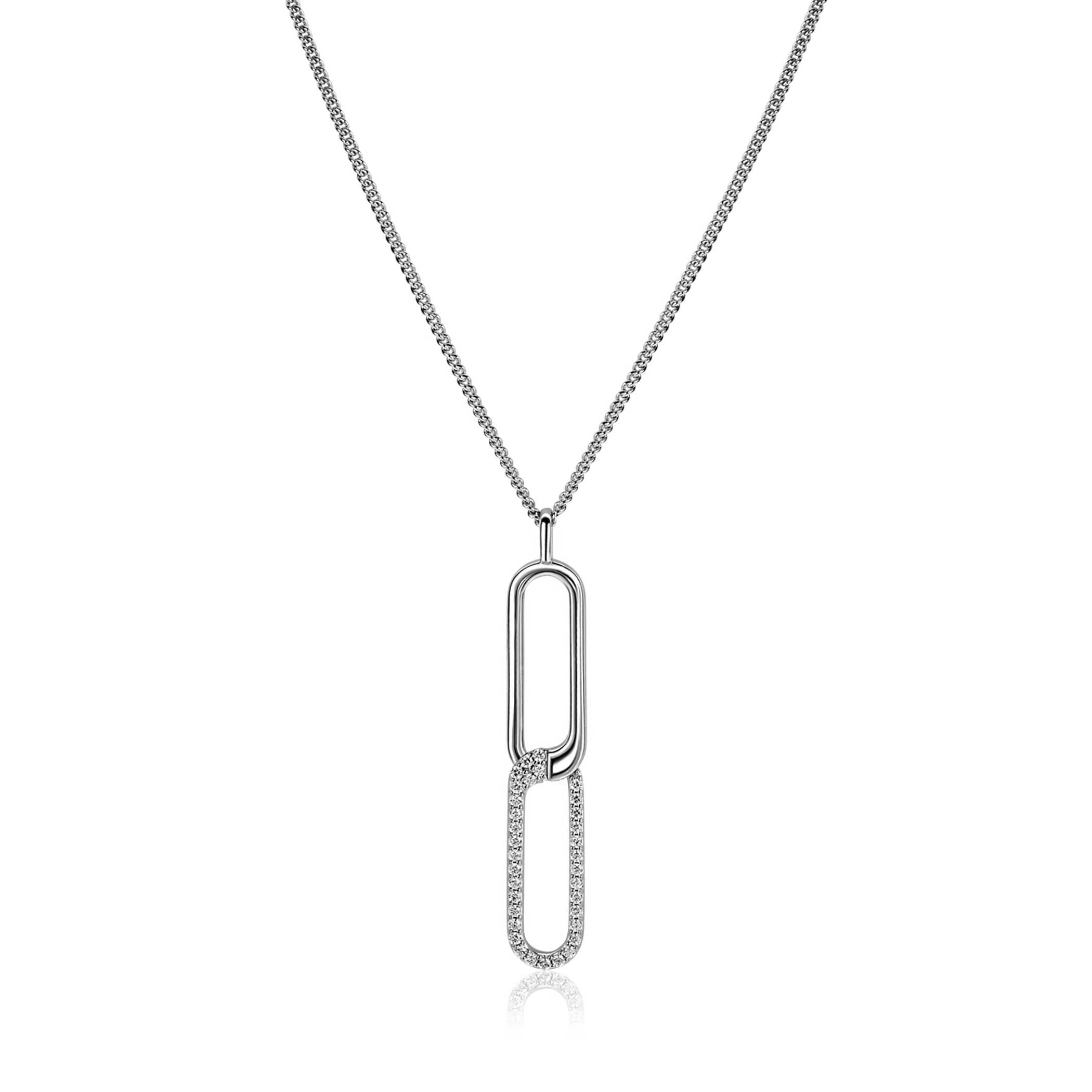 45cm Mart Visser by ZINZI zilveren gourmet ketting inclusief rechthoekige schakel hanger 40mm, bezet met witte zirkonia's MVC28