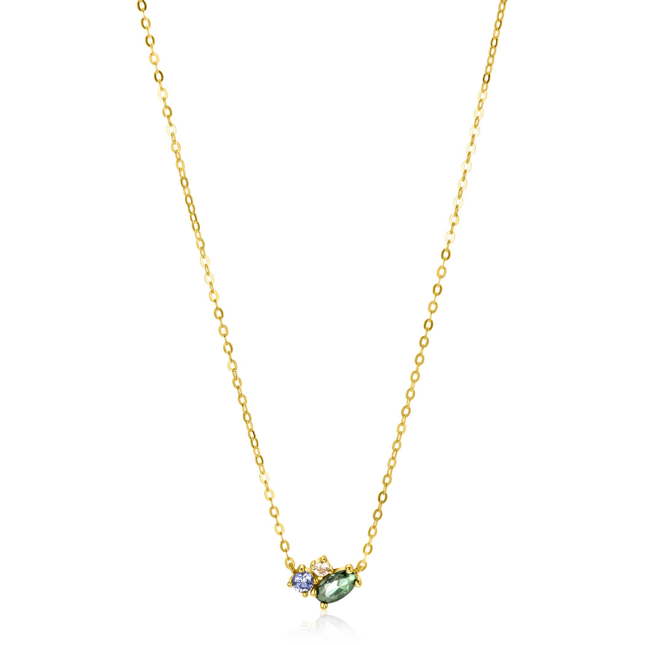 ZINZI Gold 14 krt gouden ketting 45cm, in het midden bezet met fijne groene, blauwe en champagne zirconia's ZGC379