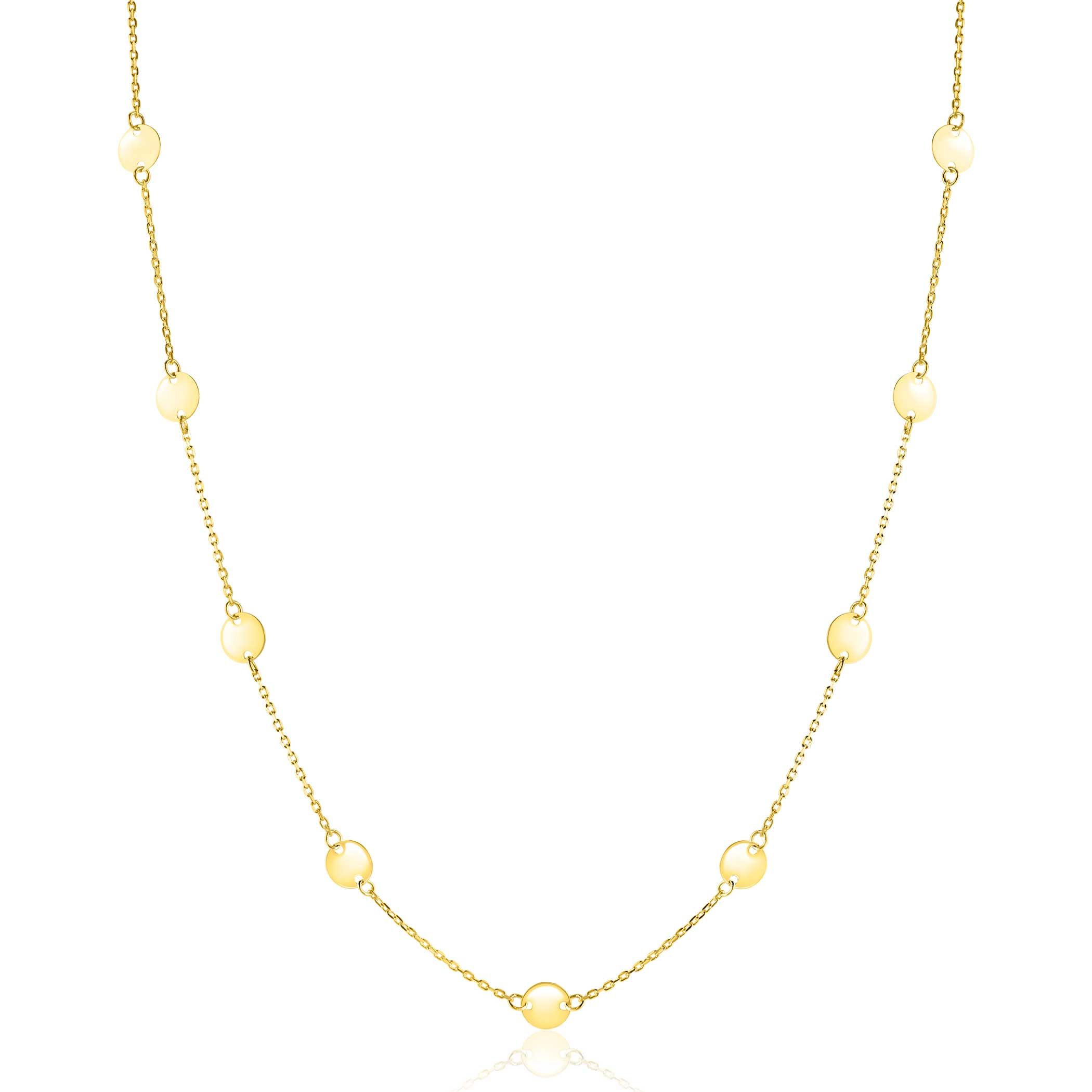 ZINZI Gold 14 krt gouden ketting met subtiele jasseron schakels en negen ronde gladde plaatjes 5mm breed 42-45cm ZGC503
