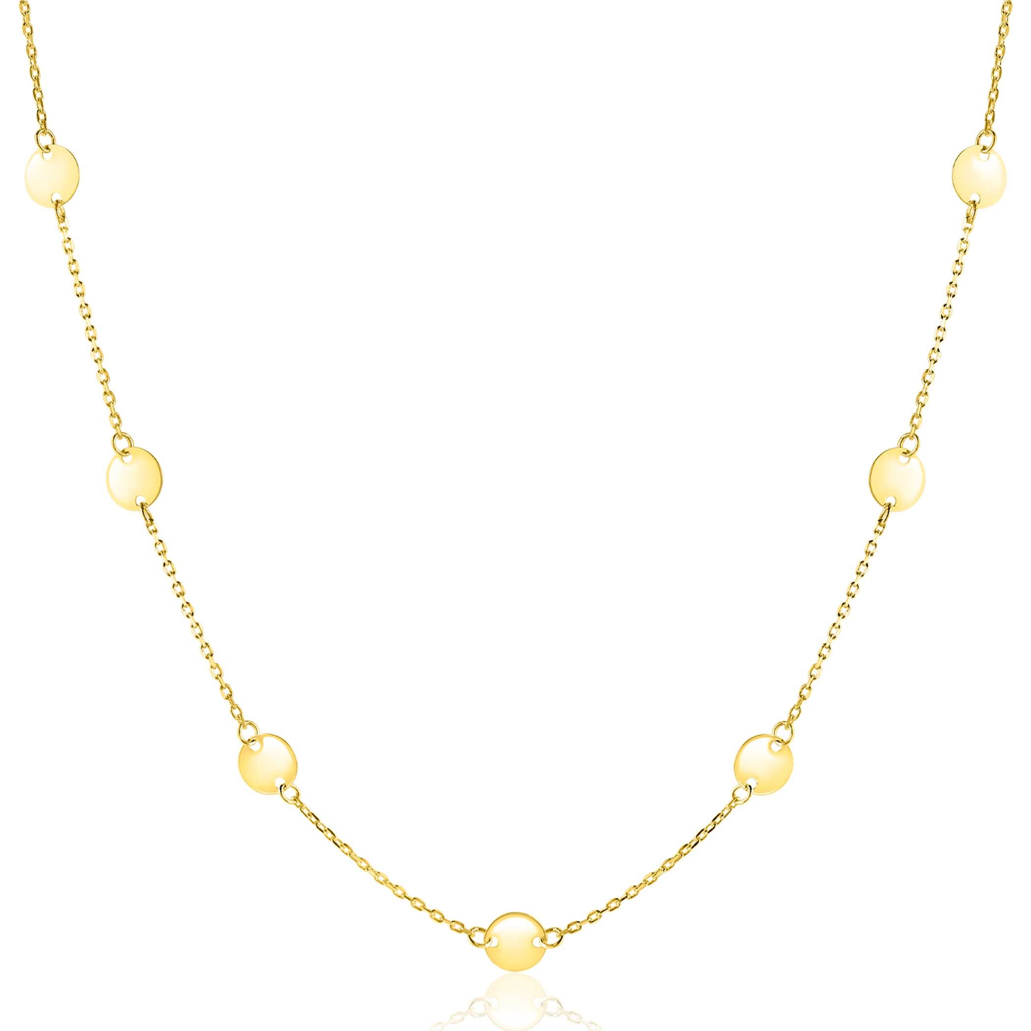 ZINZI Gold 14 krt gouden ketting met subtiele jasseron schakels en negen ronde gladde plaatjes 5mm breed 42-45cm ZGC503
