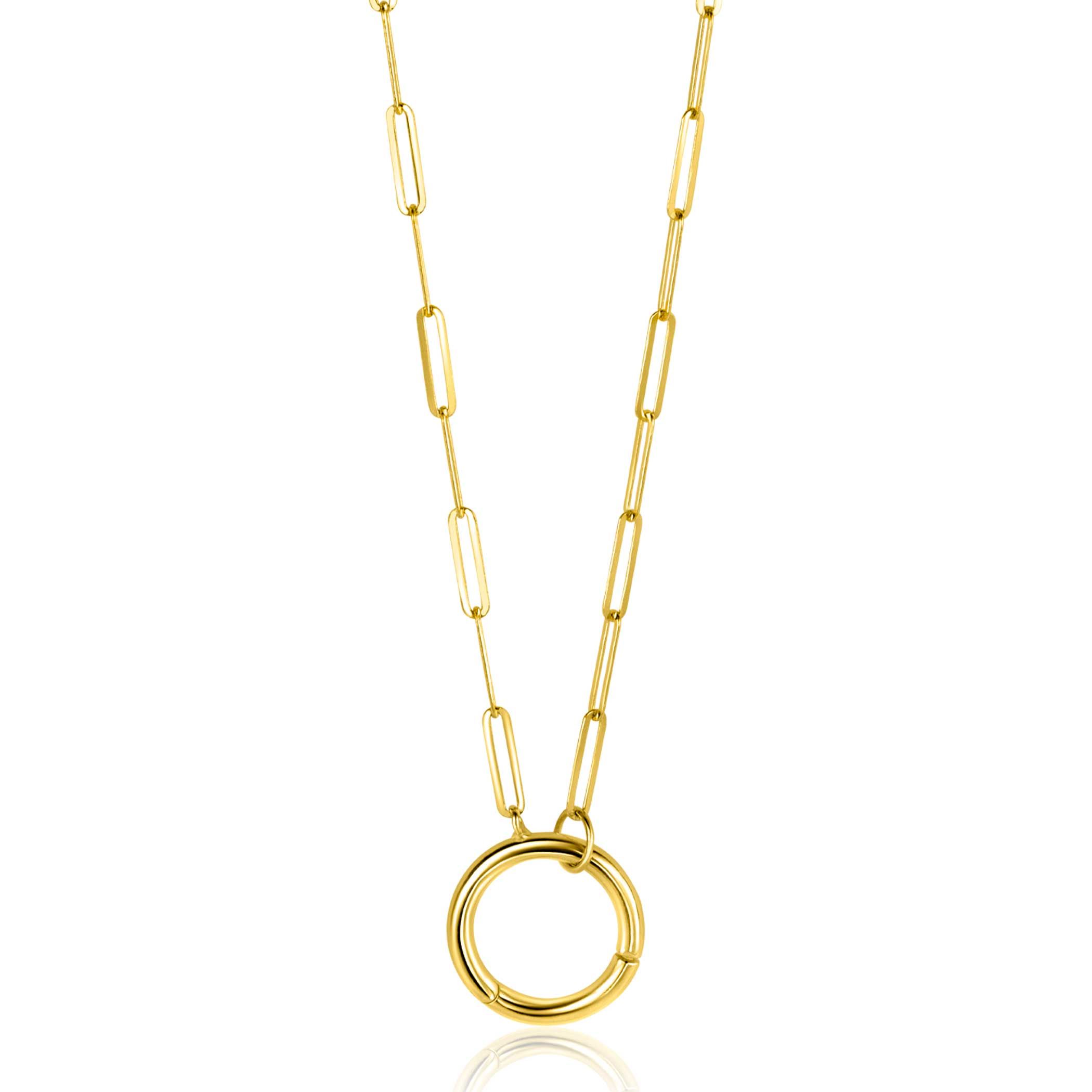 ZINZI Gold 14 karaat gouden paperclip collier met opvallende ronde voorsluiting, waaraan je hangertjes kunt hangen 45cm ZGC493
