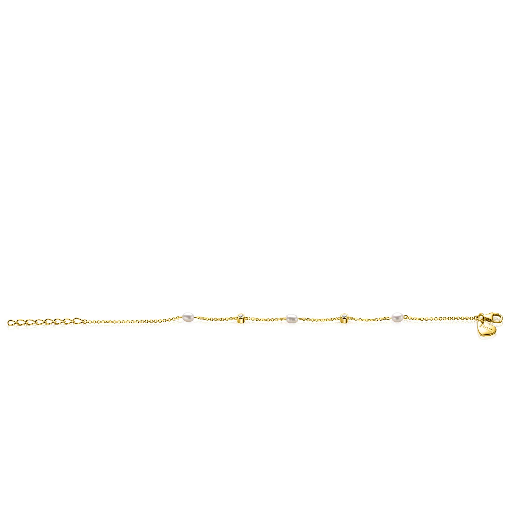 ZINZI gold plated zilveren jasseron schakel armband 4mm breed met zoetwaterparels en witte zirkonia's 17-19cm ZIA2657