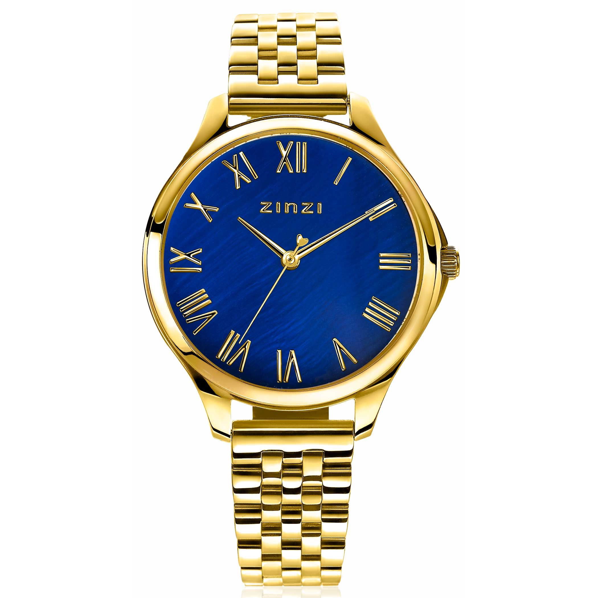 ZINZI horloge JULIA 34mm donkerblauwe parelmoer wijzerplaat romeinse cijfers goudkleurige stalen kast en band ziw1147
