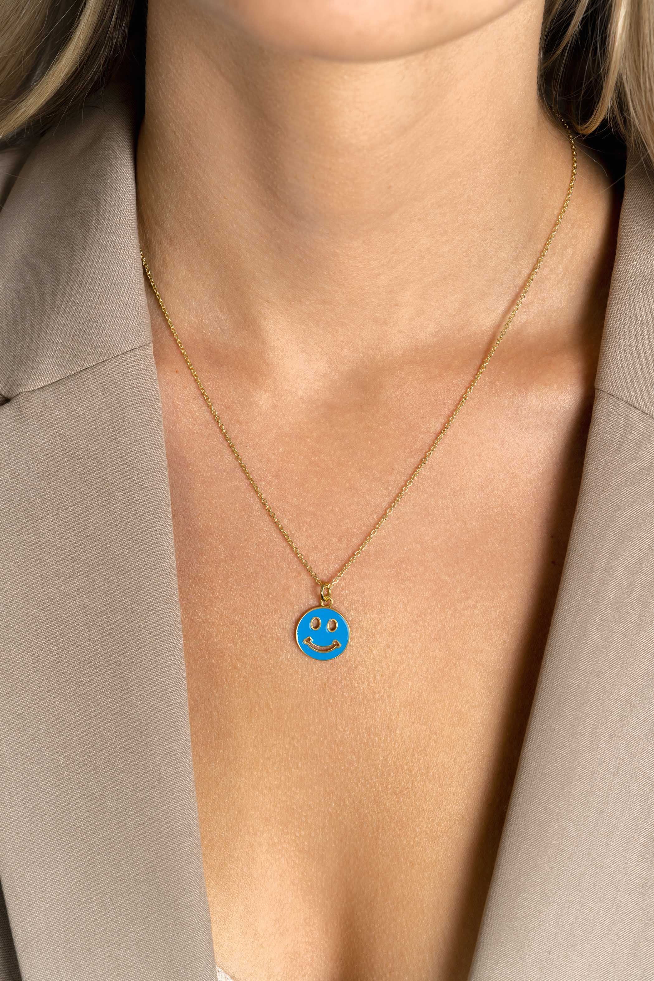 ZINZI gold plated zilveren hanger smiley rond 15mm met blauw emaille ZIH2312B (zonder collier)