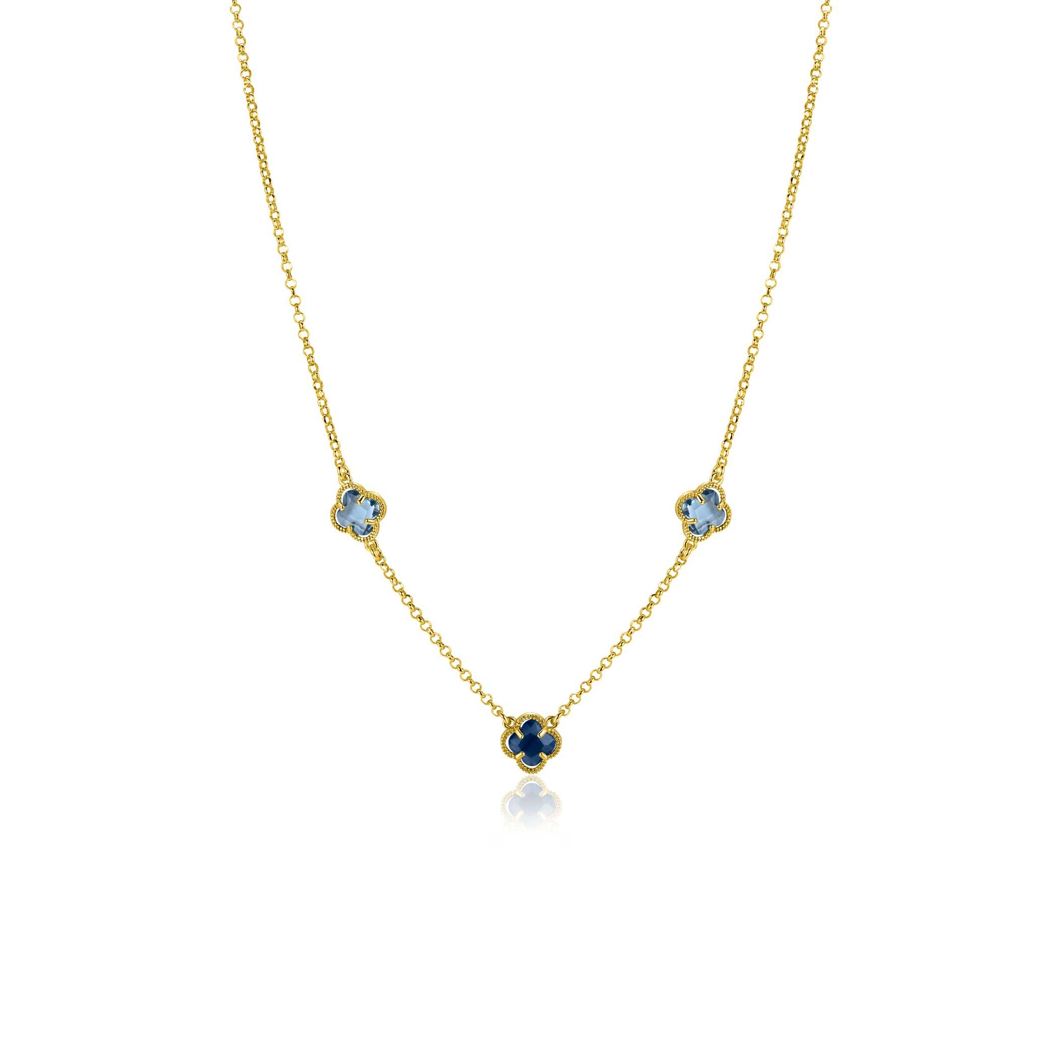 ZINZI gold plated zilveren schakelketting met twee lichtblauwe klavers en een donkerblauwe klaver 42-45cm ZIC2662B