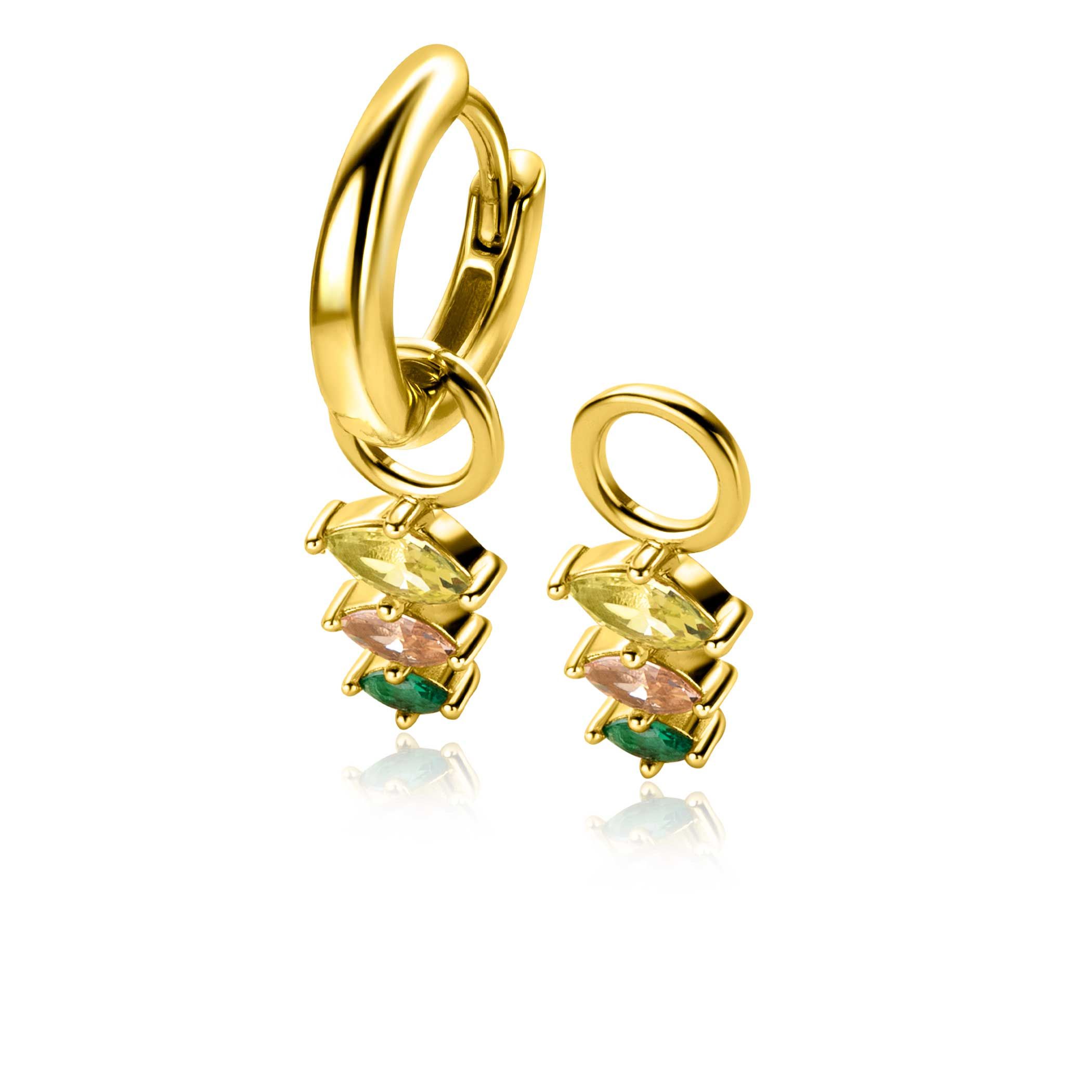 13mm ZINZI gold plated zilveren oorbedels met drie peervormige zettingen in aflopende grootte, bezet met peridot, champagne en donkergroene kleurstenen ZICH2631GC (zonder oorringen)