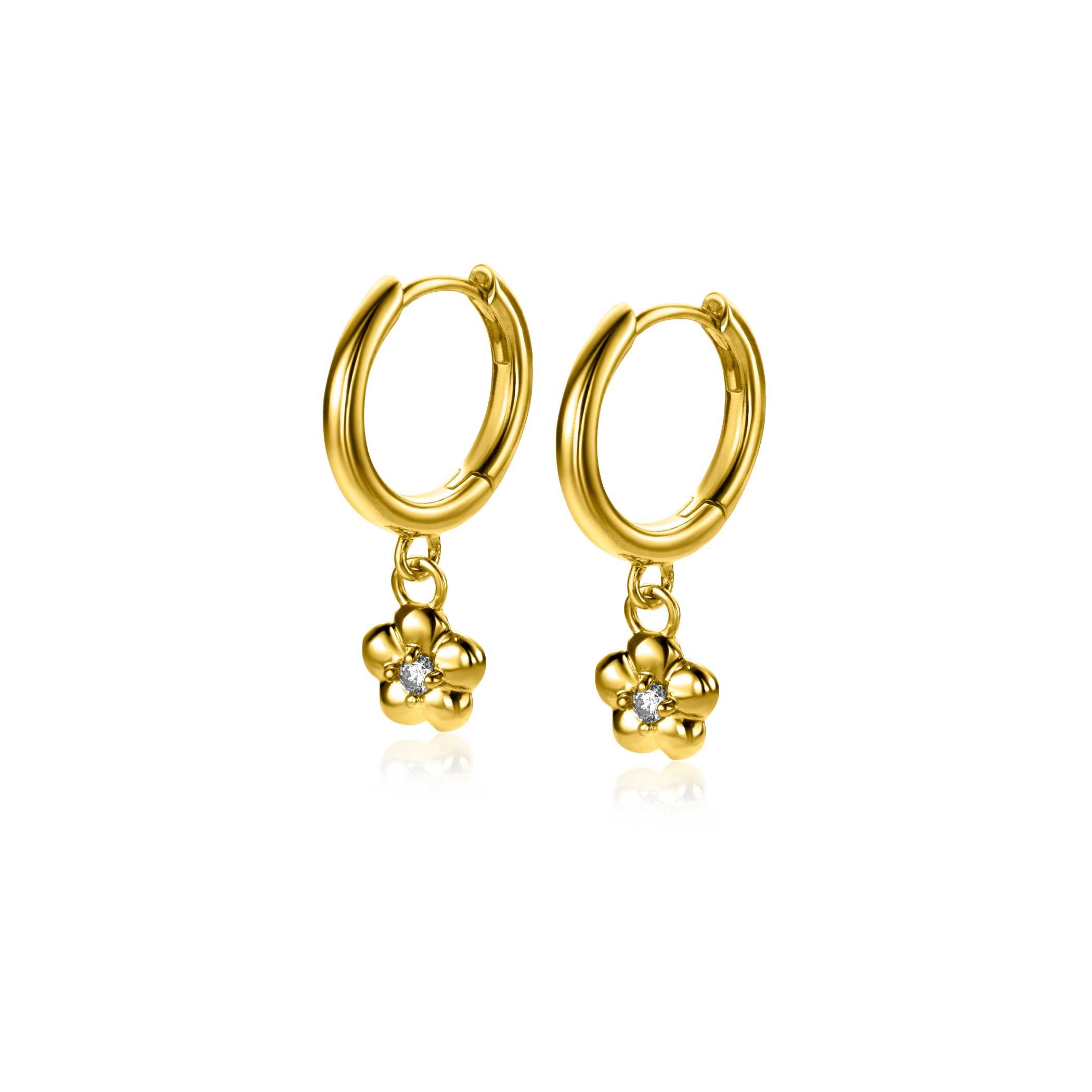 22mm ZINZI gold plated zilveren oorringen 14mm met bungelende bloemetjes bezet met witte zirconia ZIO2620