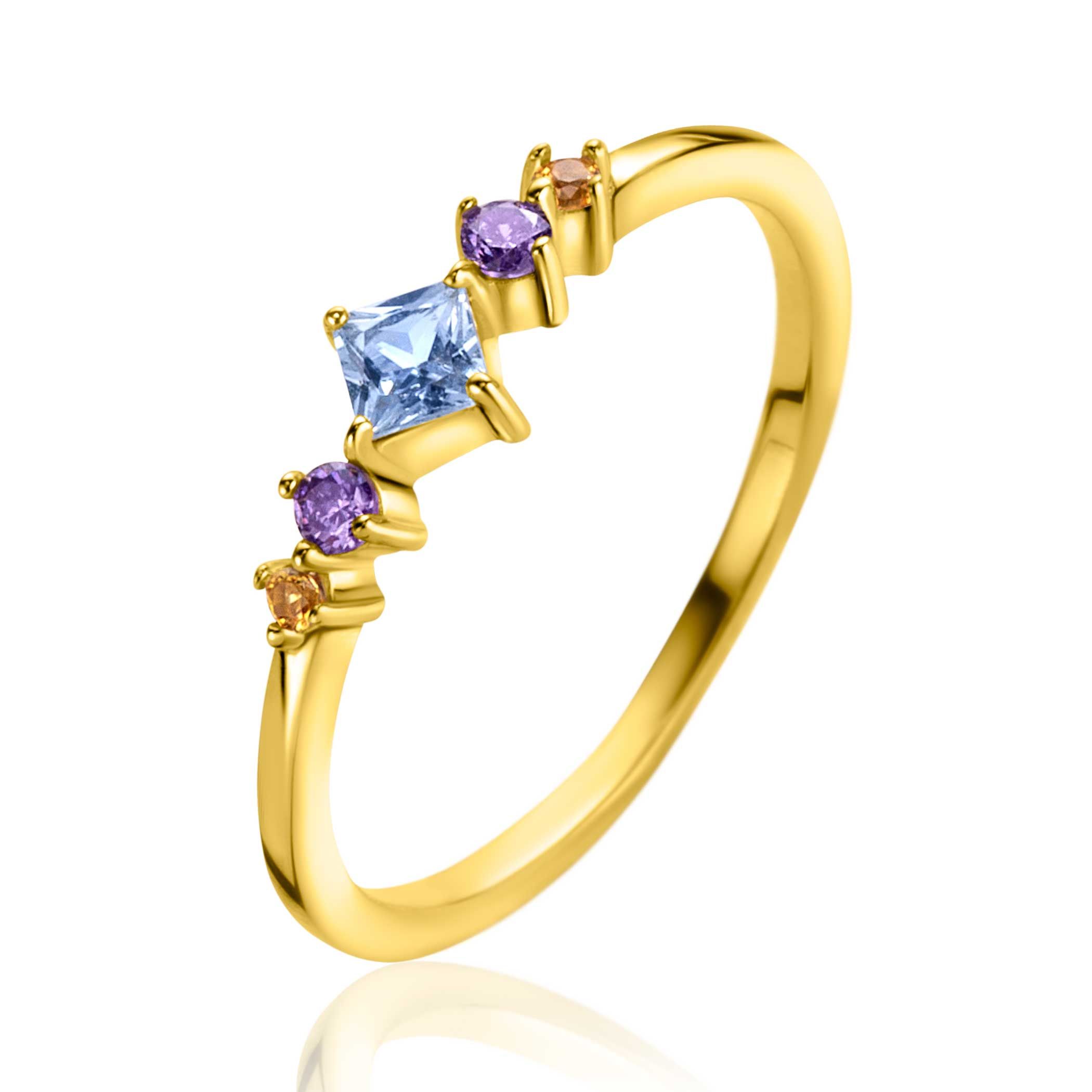 ZINZI gold plated zilveren ring met blauw, paars en champagne kleurstenen in ruitvorm ZIR2443