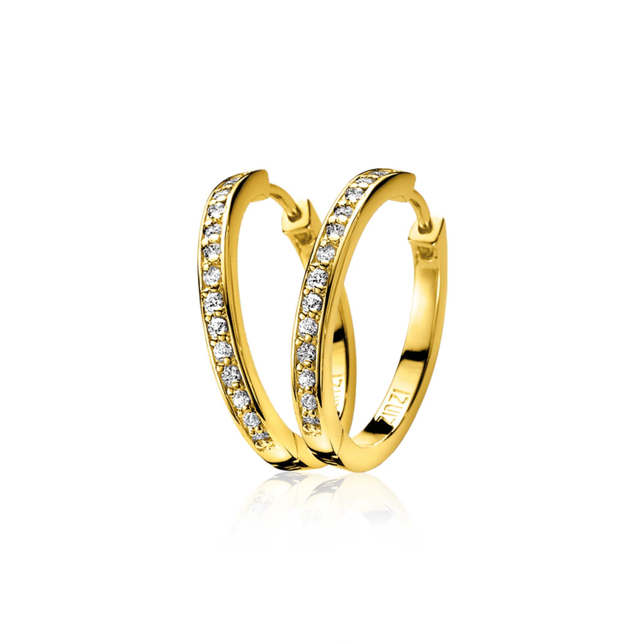 24mm ZINZI gold plated zilveren oorringen met witte zirconia's en luxe klapsluiting, buisdikte 3mm ZIO192Y