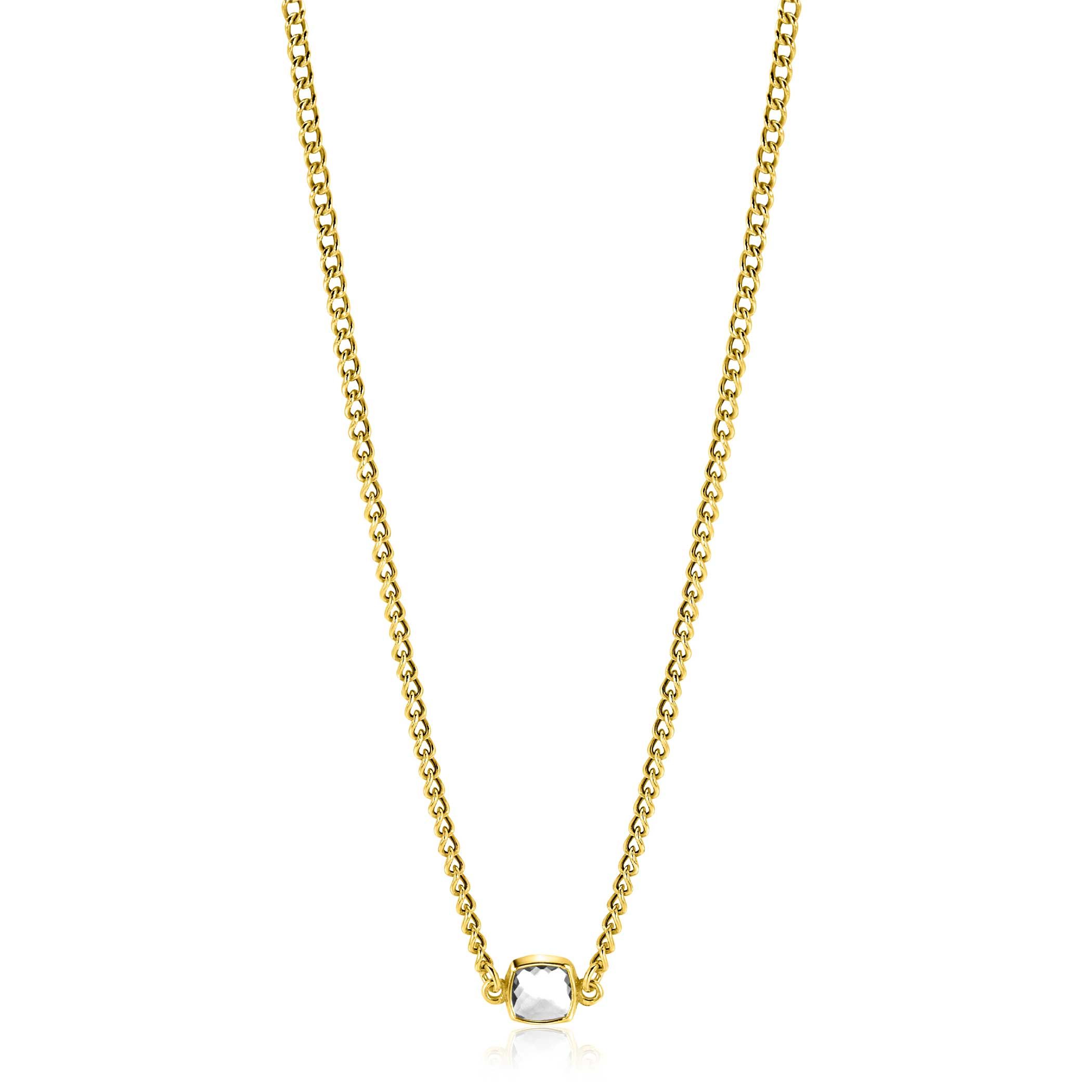 ZINZI gold plated zilveren gourmet ketting met vierkante zetting bezet met witte zirconia 40-45cm ZIC2417Y
