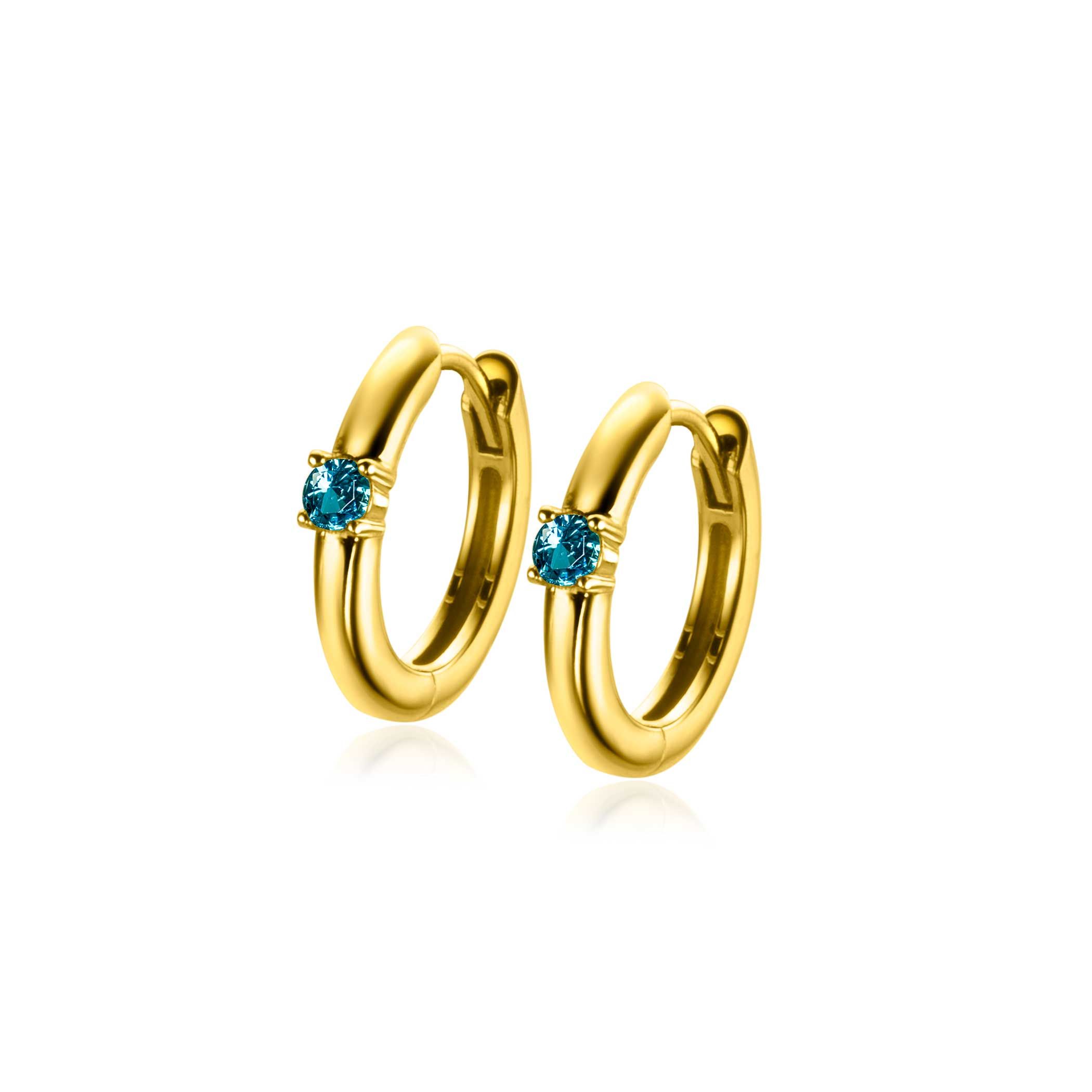 MAART oorringen 13mm gold plated met geboortesteen blauw aquamarijn zirconia 
