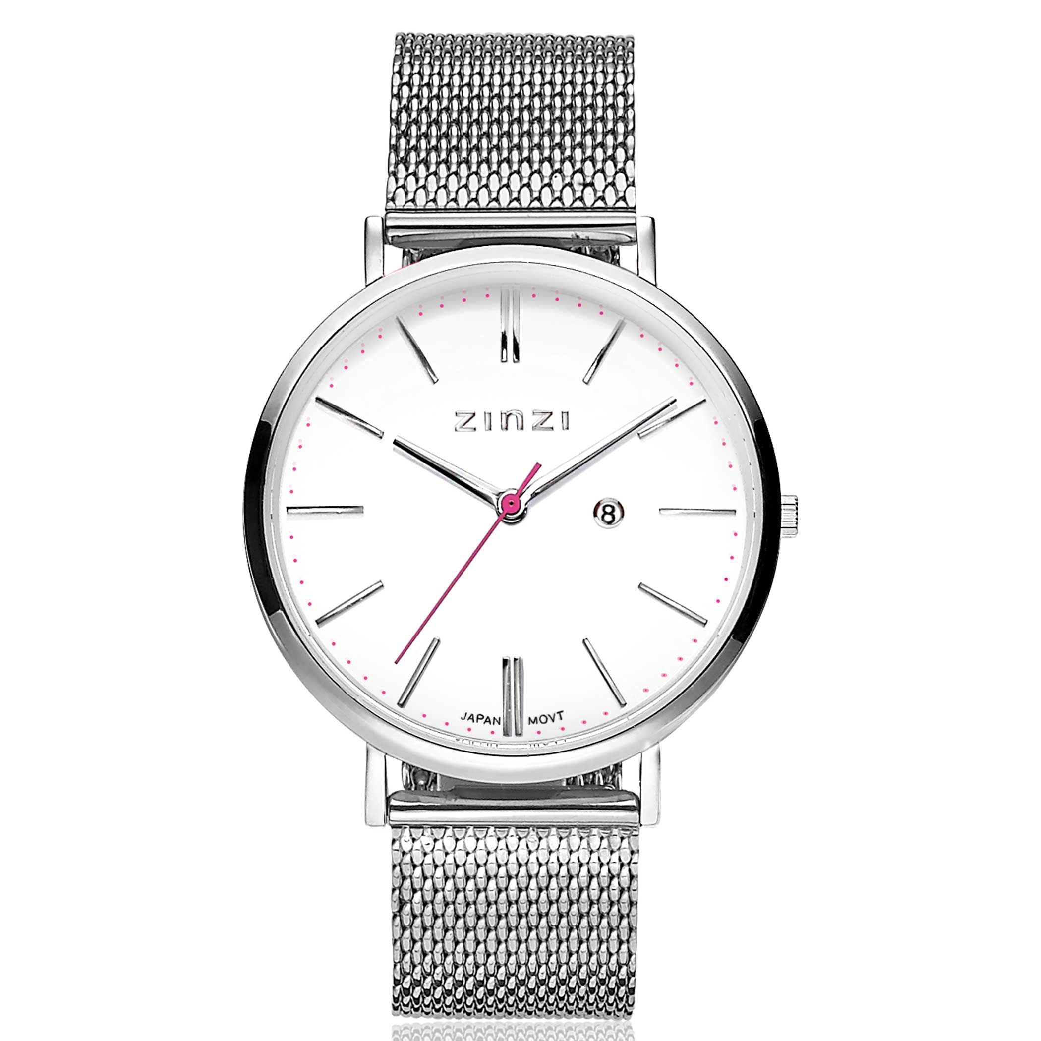 Zinzi Retro horloge witte wijzerplaat stalen kast zilvergekleurd stalen mesh band zilvergekleurd 38mm extra dun ZIW406M
