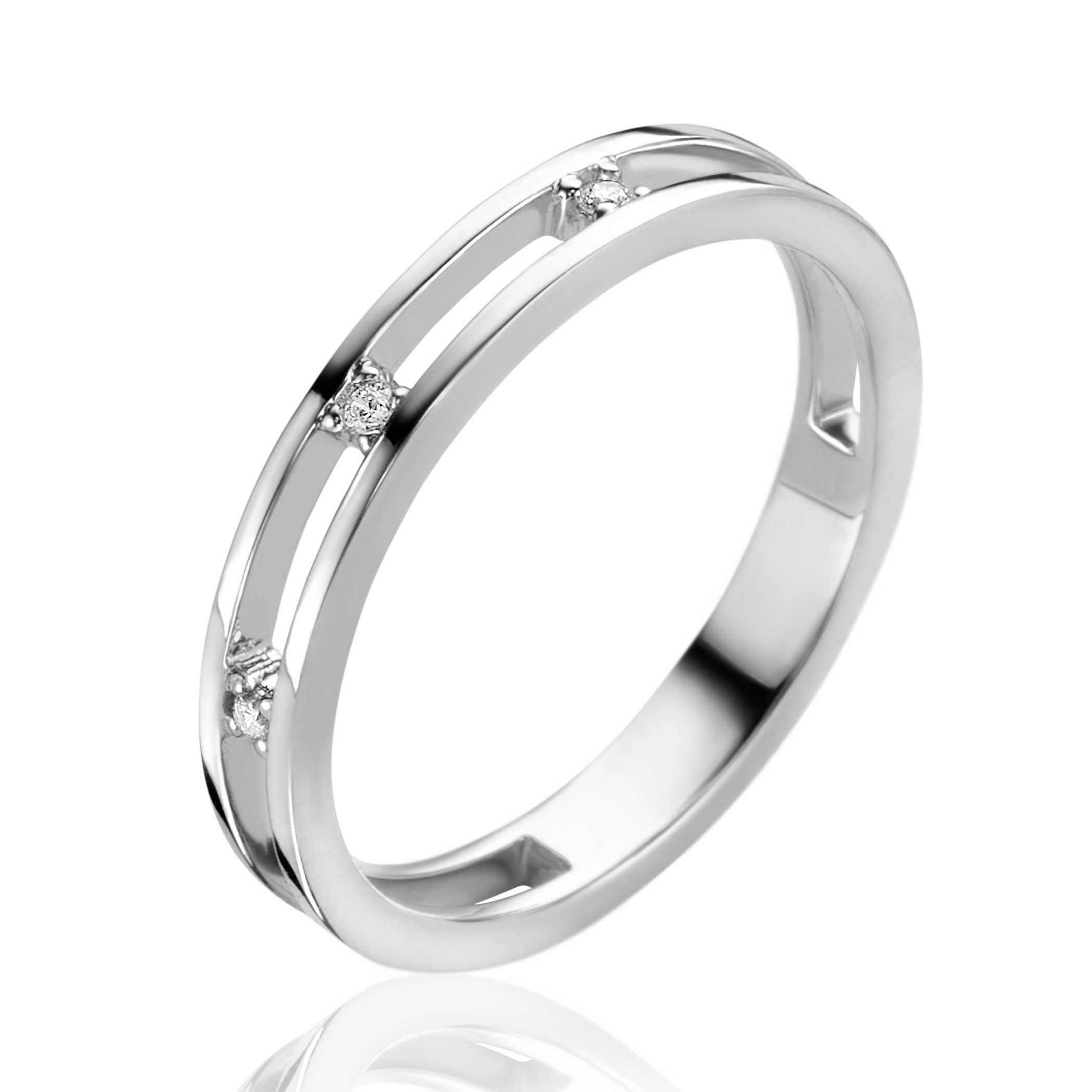 ZINZI zilveren multi-look ring, met de look van twee smalle ringen waartussen drie witte zirconia's zijn bevestigd ZIR2451