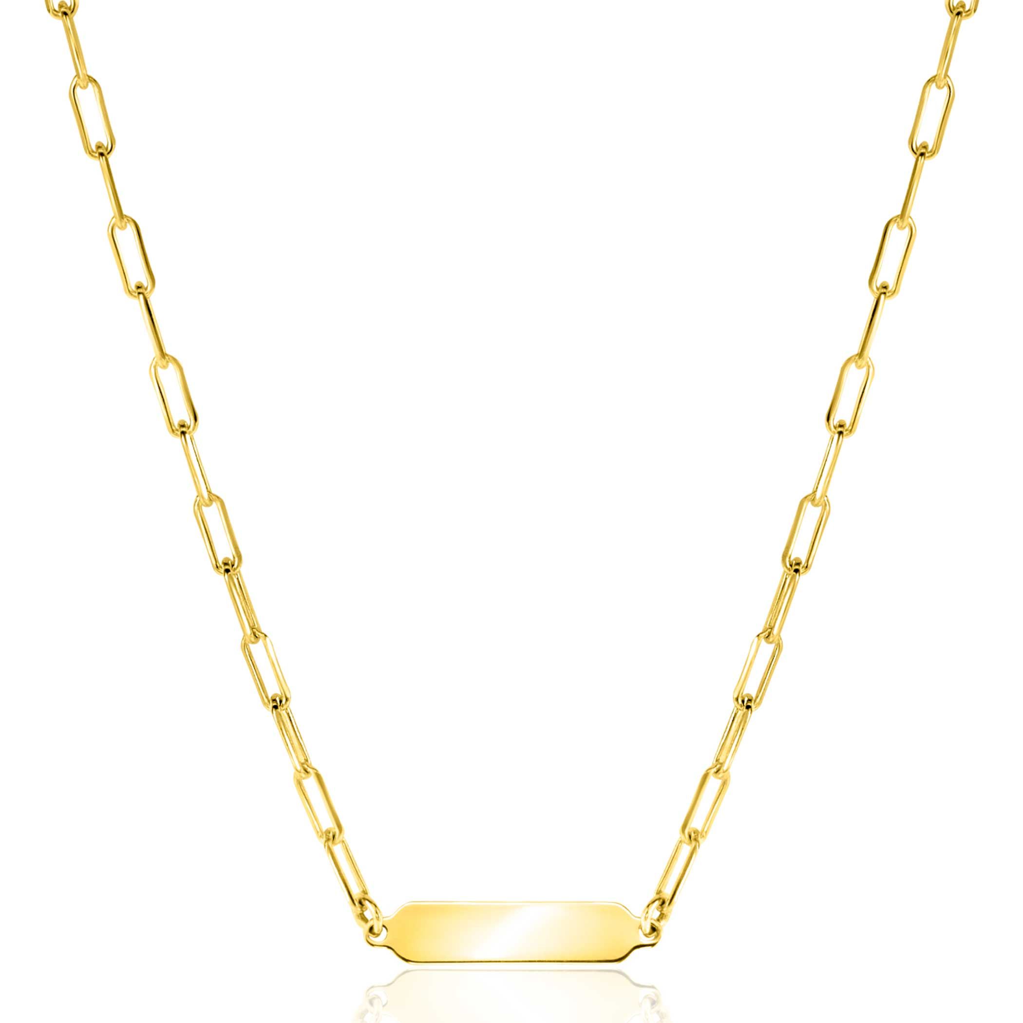 ZINZI gold plated zilveren ketting met paperclip-schakels en glanzend rechthoekig plaatje om te graveren 42-45cm ZIC2530G