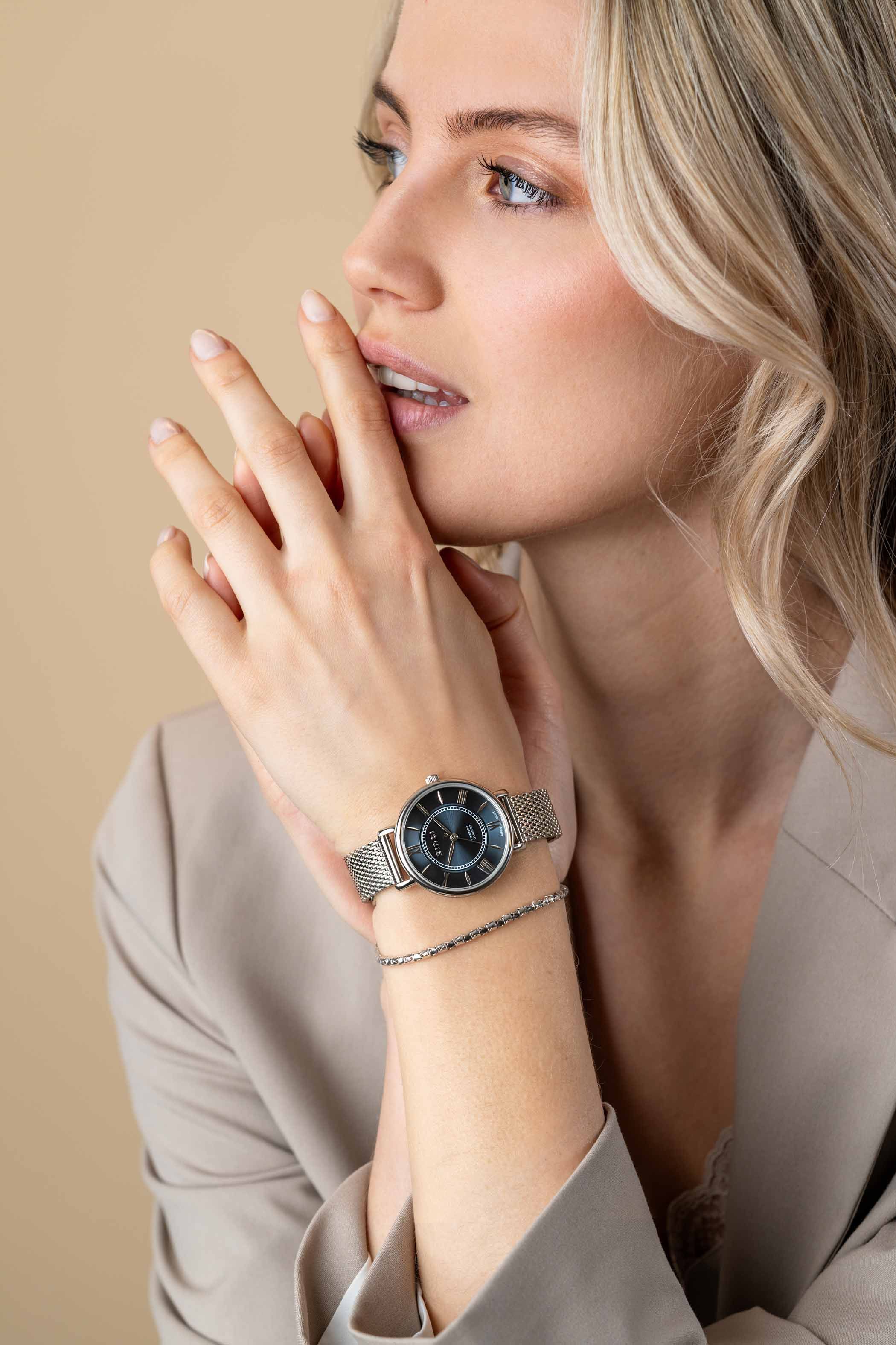 ZINZI Twenty horloge met oceaan blauwe wijzerplaat, stalen kast 34mm en stalen meshband ZIW2053