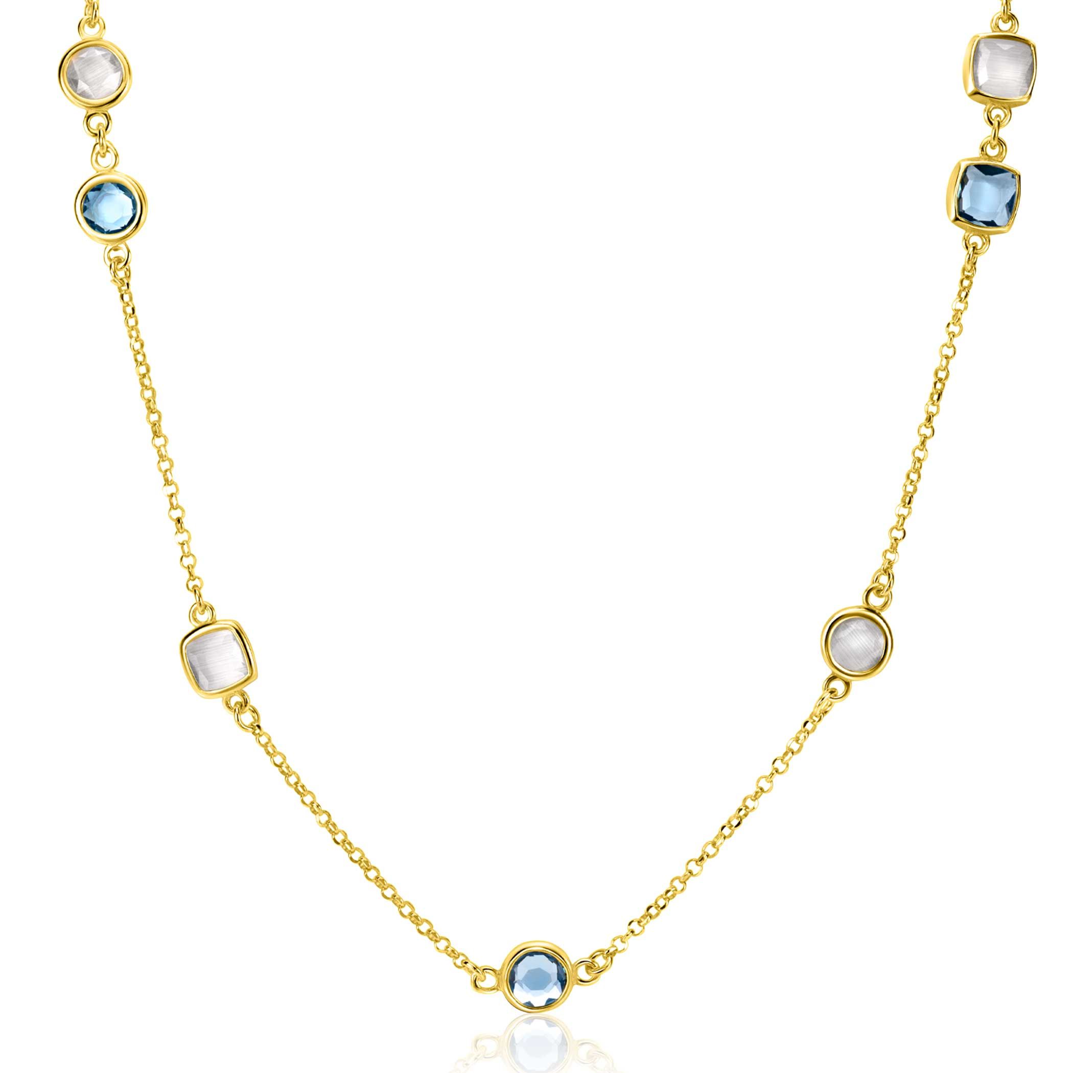 ZINZI gold plated zilveren ketting met ronde en vierkante zettingen jeansblauw en witgrijs 42-45cm ZIC2526G