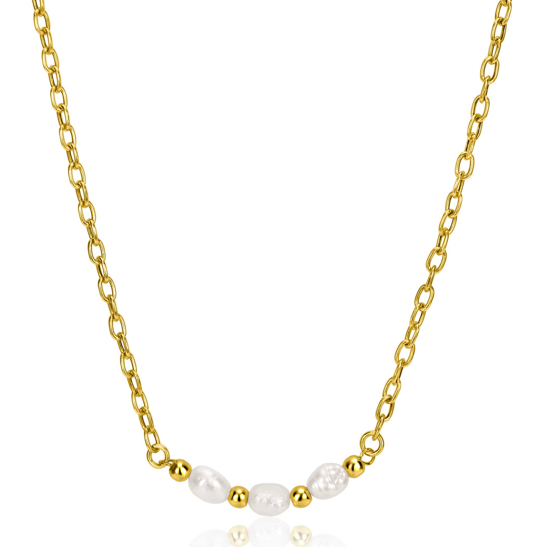 ZINZI gold plated zilveren schakelketting met drie witte natuurlijk gevormde zoetwaterparels in het midden 42-45cm ZIC2643