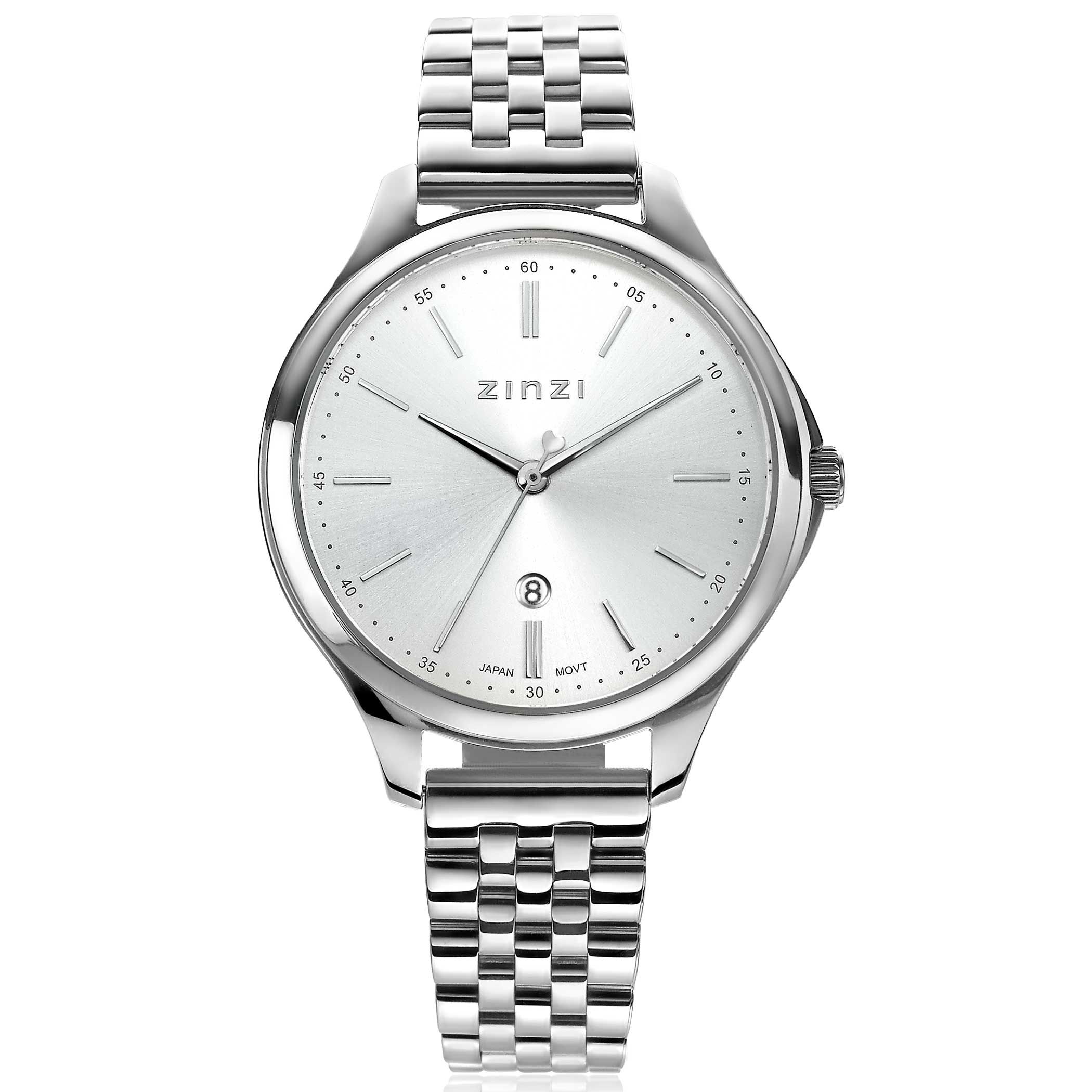 ZINZI Classy horloge 34mm zilverkleurige wijzerplaat stalen kast en band datum ziw1002
