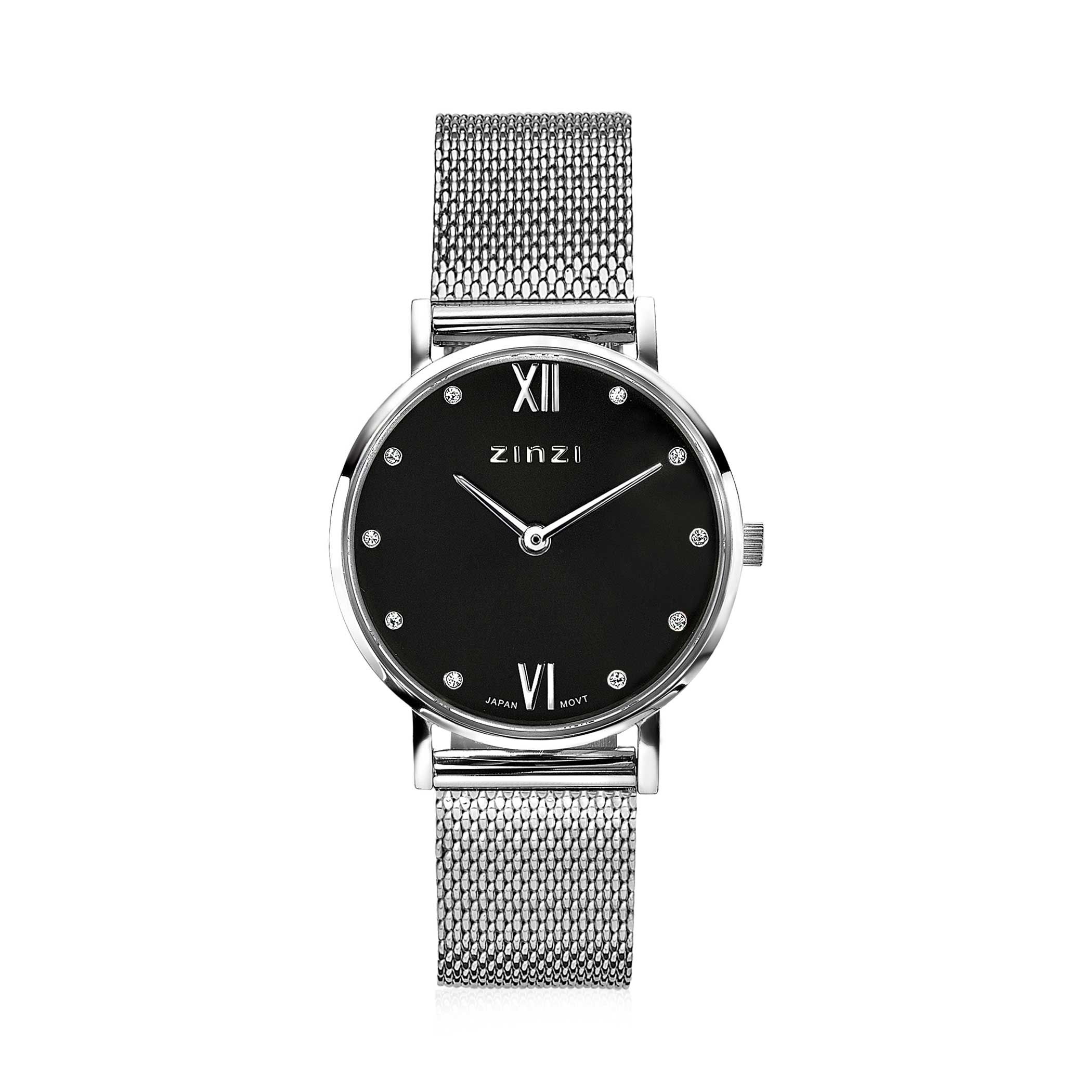 ZINZI Lady Crystal horloge zwarte wijzerplaat en kast stalen mesh band, witte crystals bij uuraanduiding, 28mm extra dun ZIW629M
