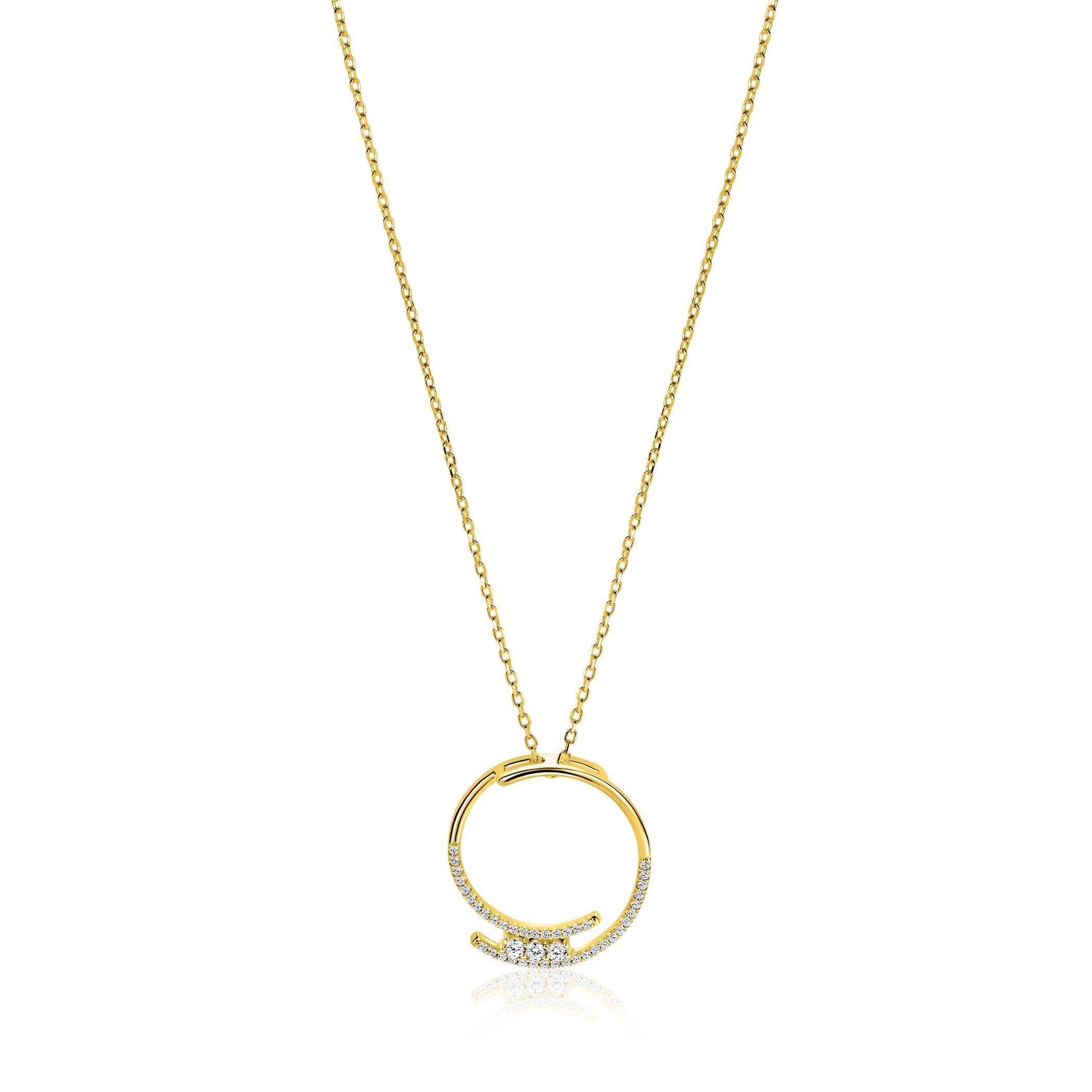 ZINZI gold plated zilveren ketting met grote open ronde hanger 25mm bezet met witte zirkonia's 45-50 cm ZIC2645Y