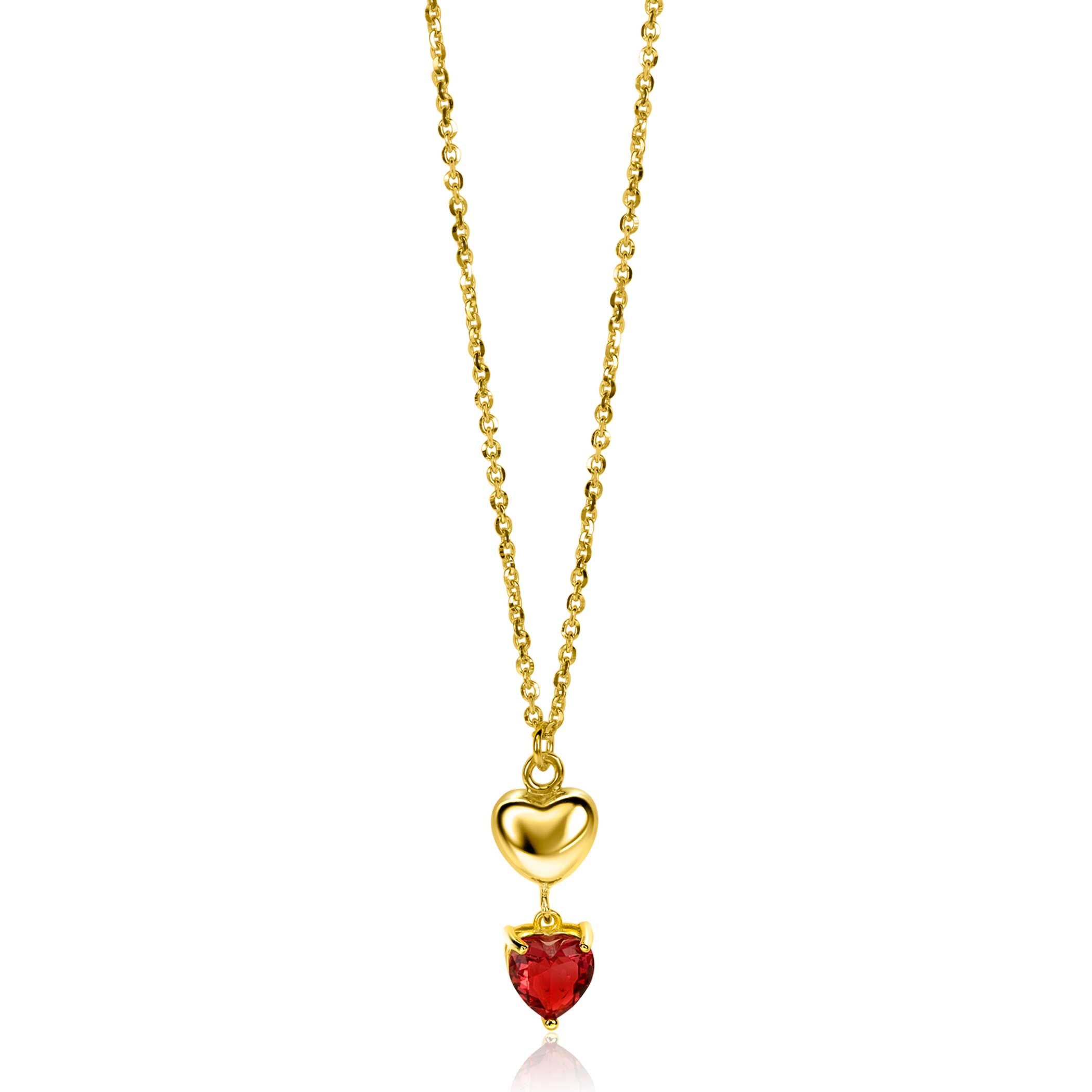 ZINZI gold plated zilveren schakel ketting met liefdevolle harten, glanzend en bezet met rode kleursteen 42-45cm ZIC-BF94