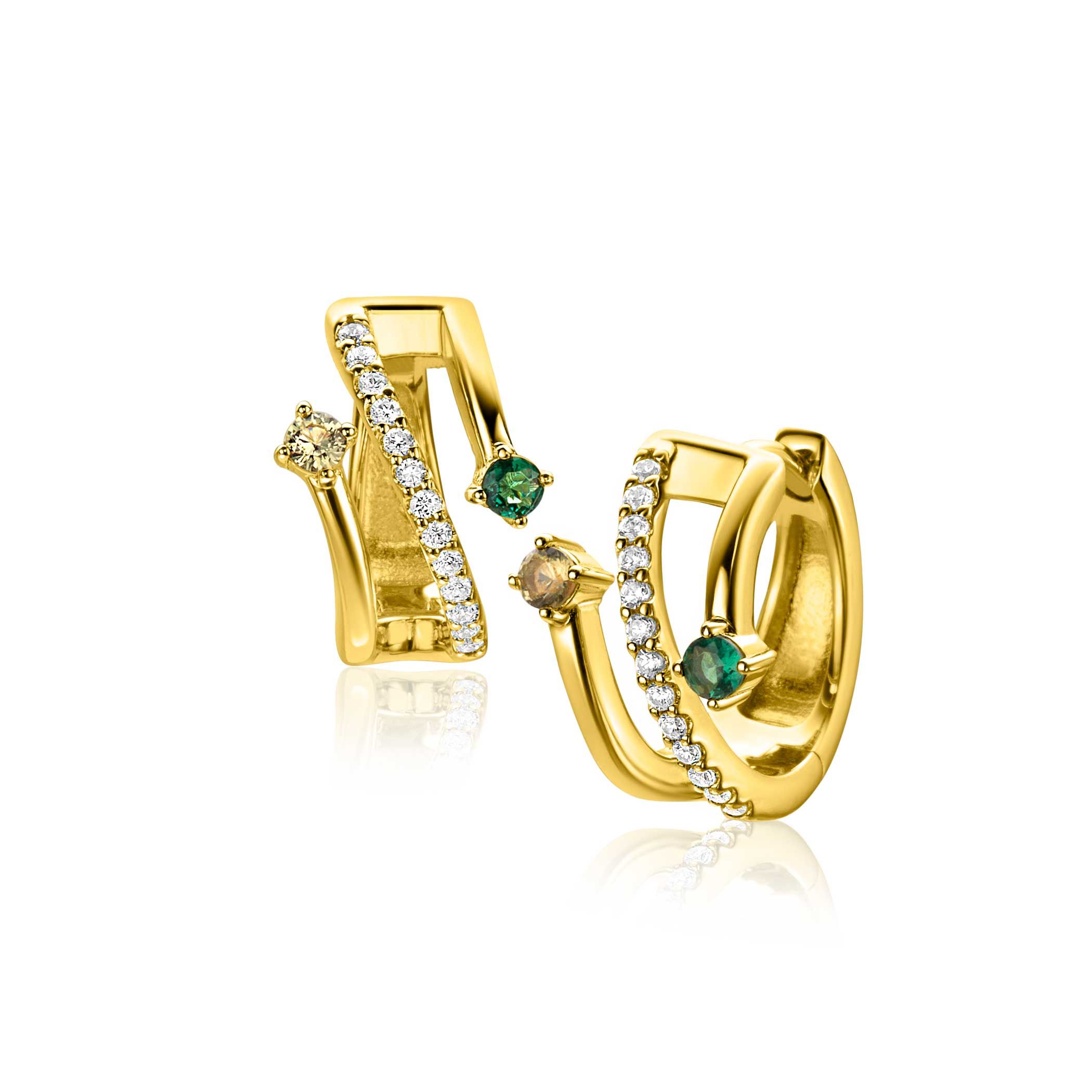 16mm ZINZI gold plated zilveren multi-look oorringen met 3 rijen, bezet met groene kleurstenen en witte zirconia's 10mm breed met luxe klapsluiting ZIO2646G