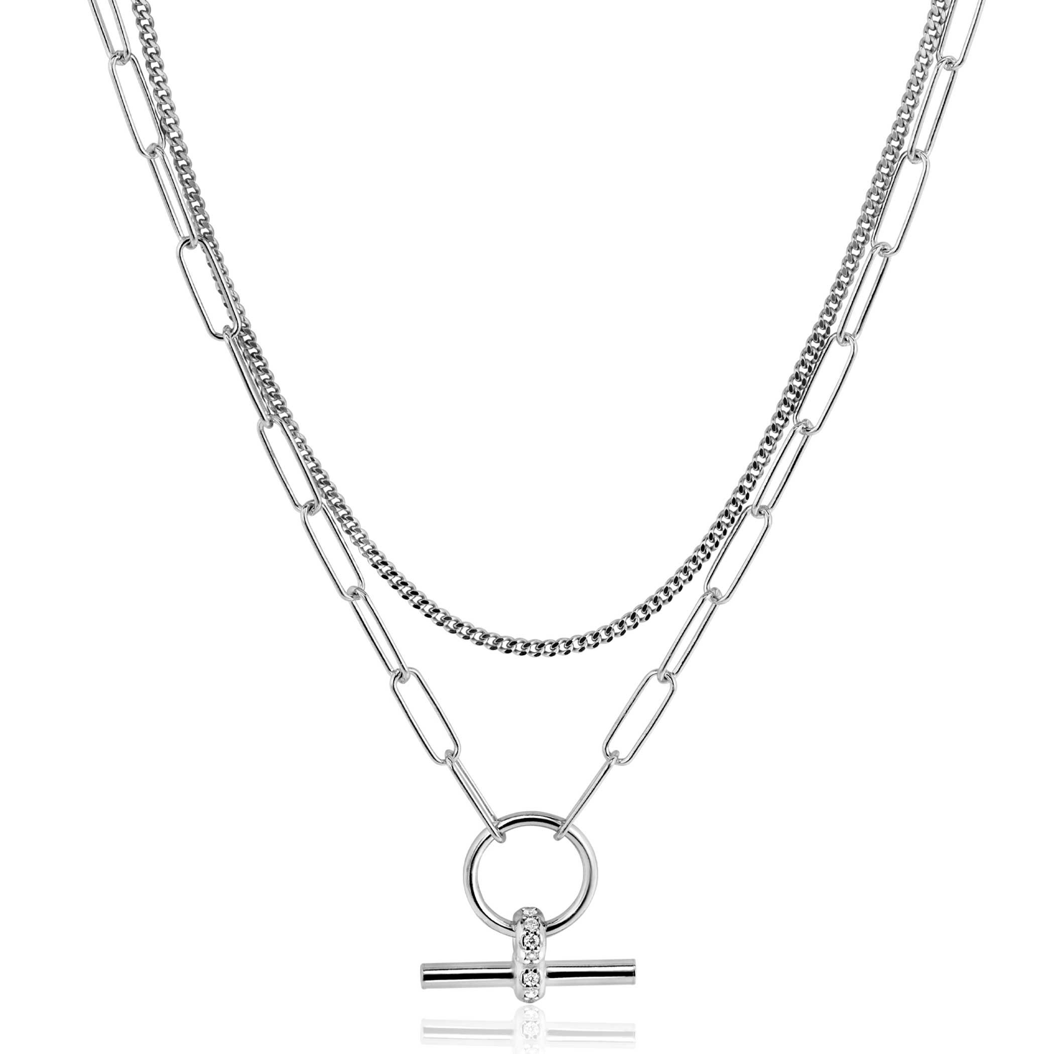 ZINZI zilveren schakel ketting 50cm met multilook: combinatie van gourmet en paperclip schakels en trendy T-bar bezet met witte zirconia's ZIC2462