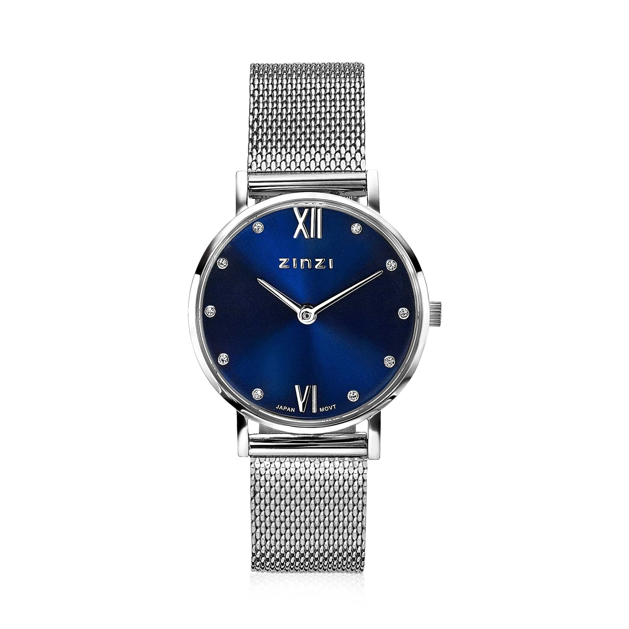 ZINZI Lady Crystal horloge donkerblauwe wijzerplaat en kast stalen mesh band, witte crystals bij uuraanduiding, 28mm extra dun ZIW630M
