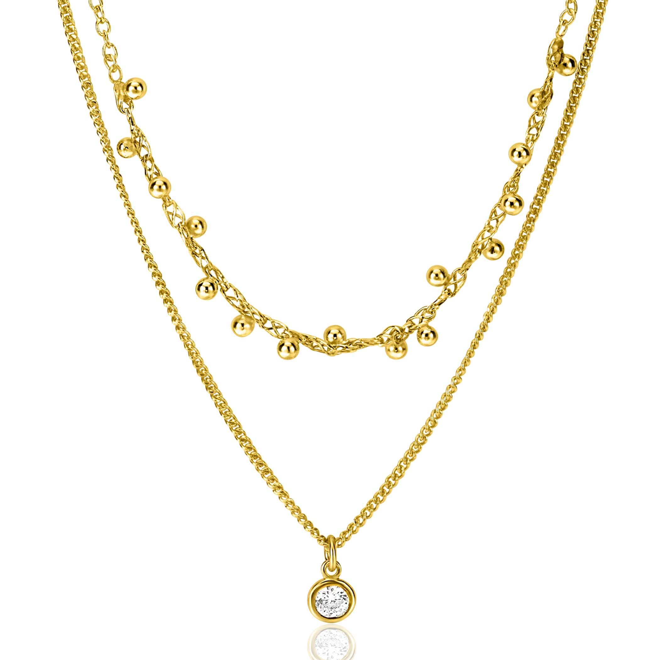 ZINZI gold plated zilveren multilook ketting met ronde zetting witte zirconia en 16 bolletjes 39-42cm ZIC2520Y