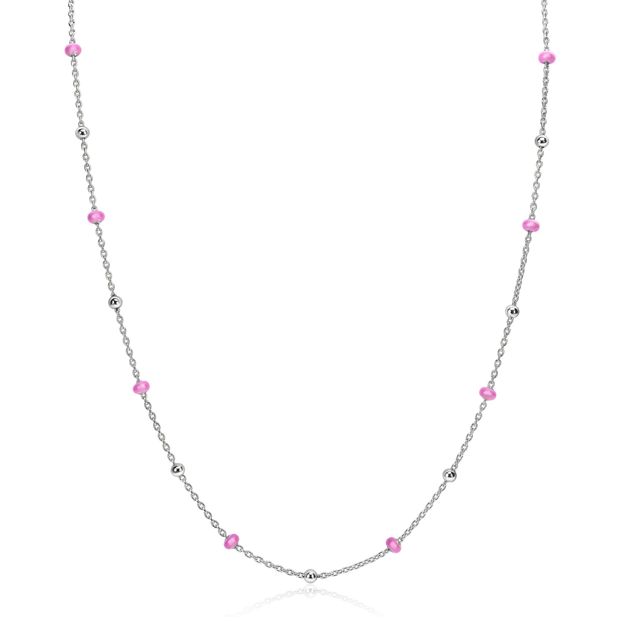 ZINZI zilveren fantasie ketting met 13 roze donuts en glanzende bolletjes 42-45cm ZIC2510