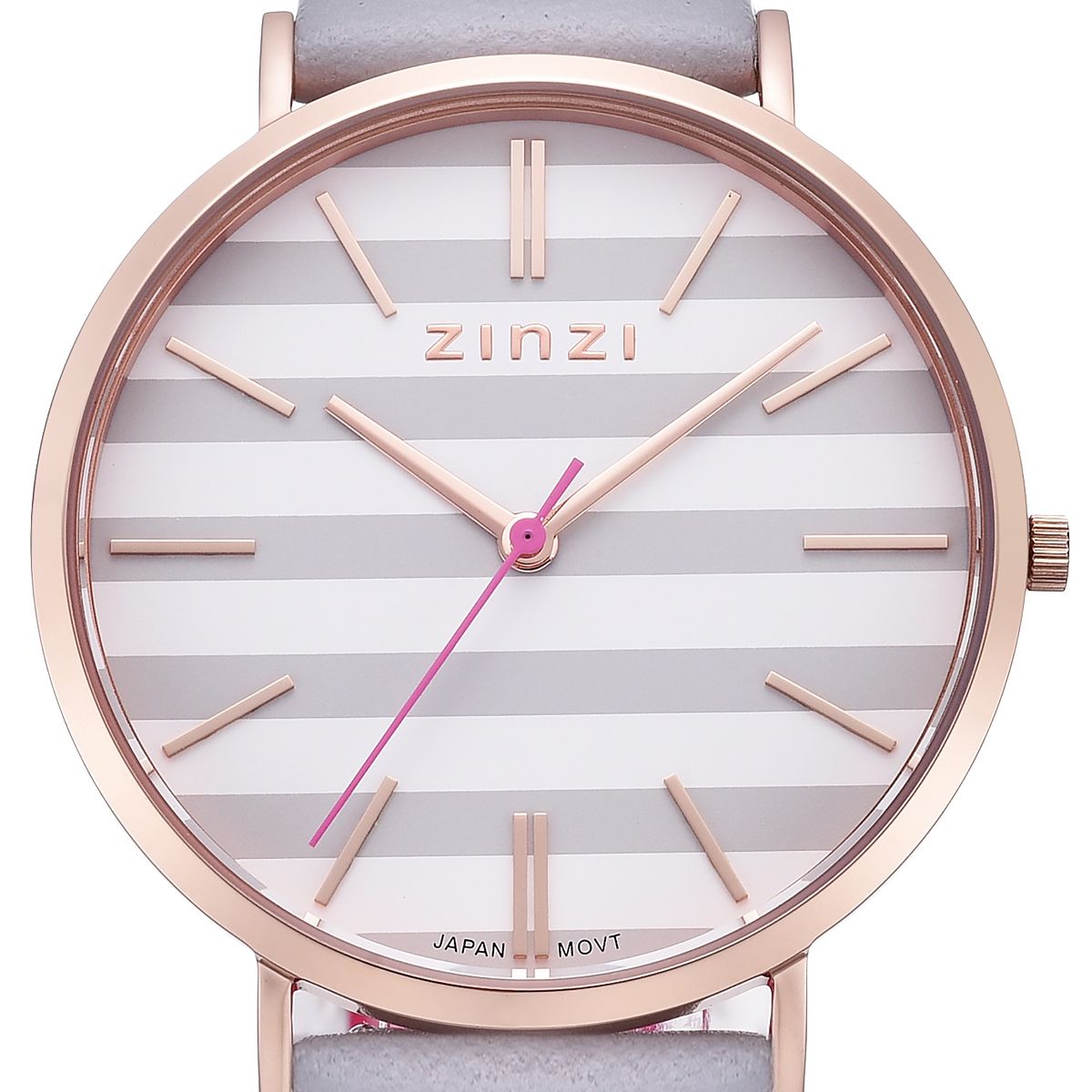 ZINZI Retro horloge grijs-wit gestreepte wijzerplaat roségoudkleurige kast leren mesh band lichtgrijs 38mm extra dun ZIW420LG